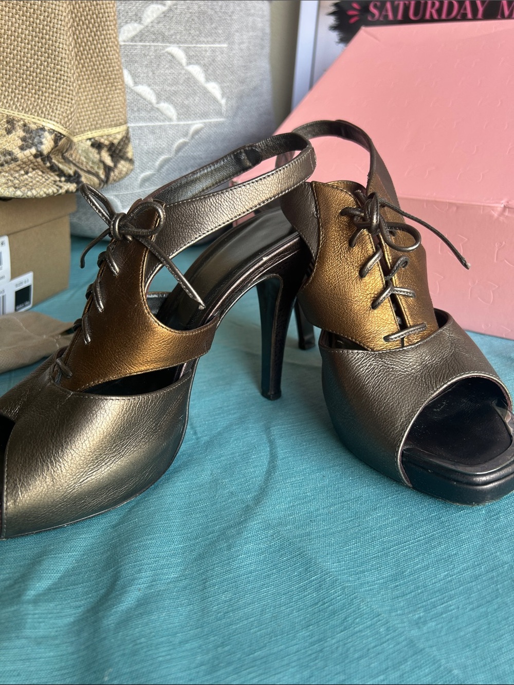 Donald J. Pliner Metallic Bronze and Gold Lace-Up Slingback Heels - Picture 6 of 6